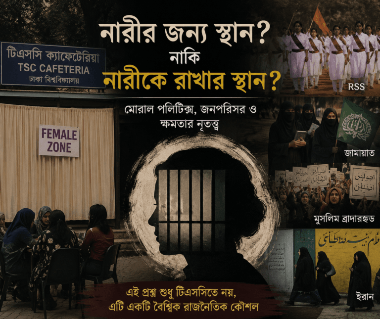 টিএসসি Female Zone বিতর্ককে কেন্দ্র করে নারীর জনপরিসর, মোরাল পলিটিক্স এবং বৈশ্বিক তুলনামূলক রাজনীতির প্রতীকী সম্পাদকীয় কোলাজ।