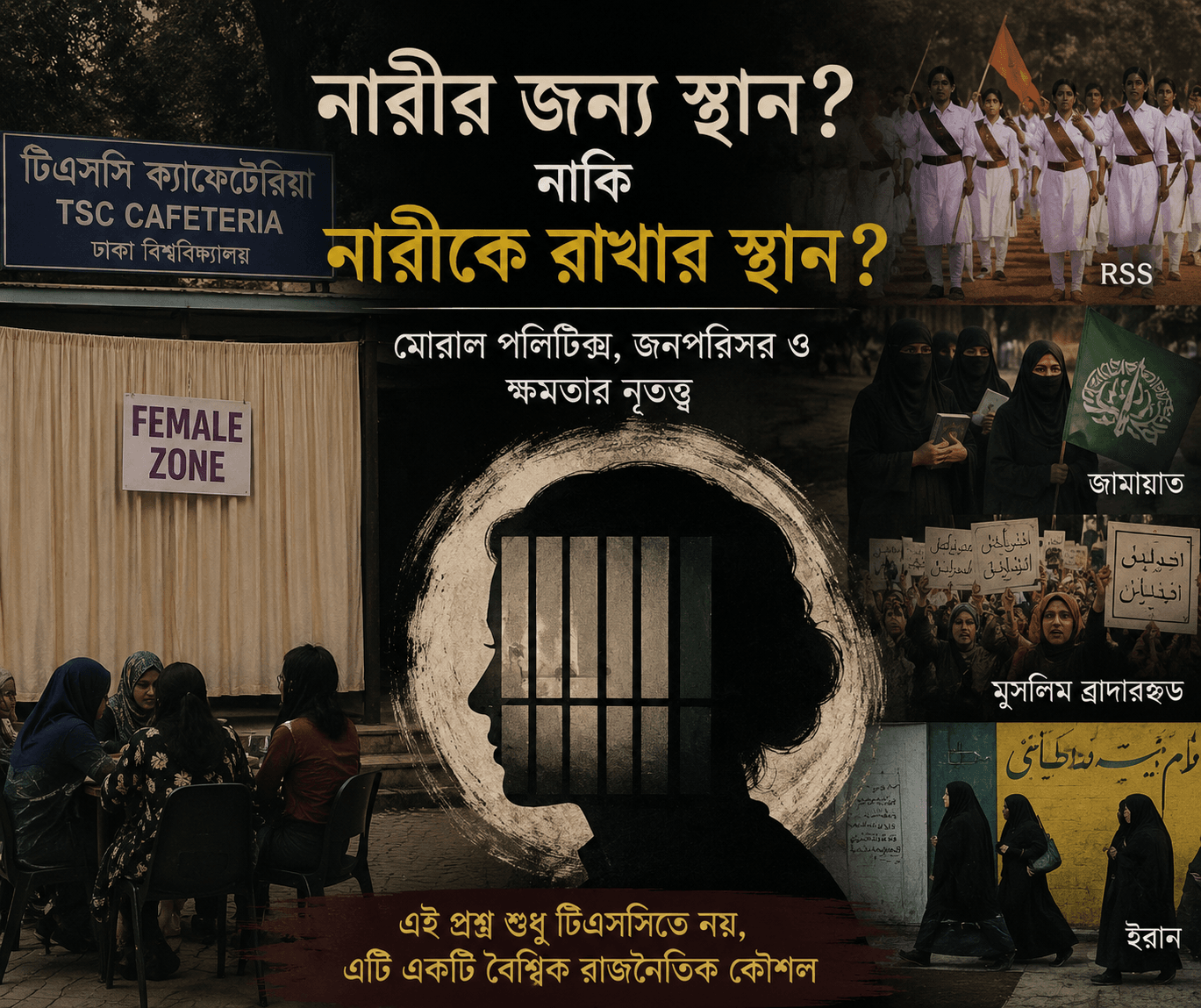 টিএসসি Female Zone বিতর্ককে কেন্দ্র করে নারীর জনপরিসর, মোরাল পলিটিক্স এবং বৈশ্বিক তুলনামূলক রাজনীতির প্রতীকী সম্পাদকীয় কোলাজ।
